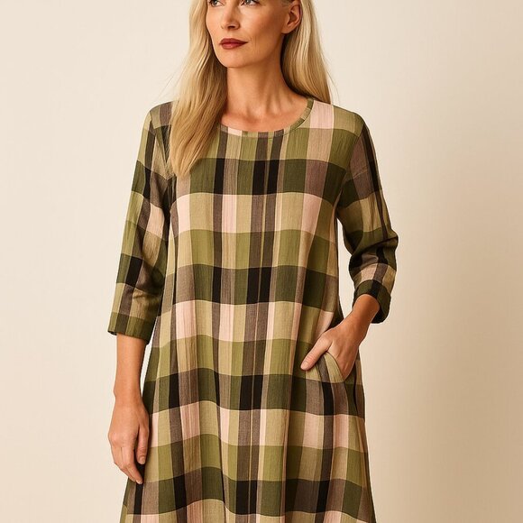 Gudrun Sjoden Dresses & Skirts - Gudrun Sjoden Women's Dress Cotton Linen Plaid Multicolor Midi Dress Lagenlook